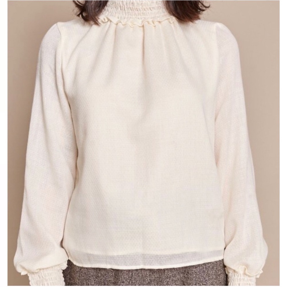 WARM cream smocked neck textured long sleeve top 2